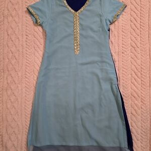 Light Blue Chiffon Salwar Kameez With Gold Trim